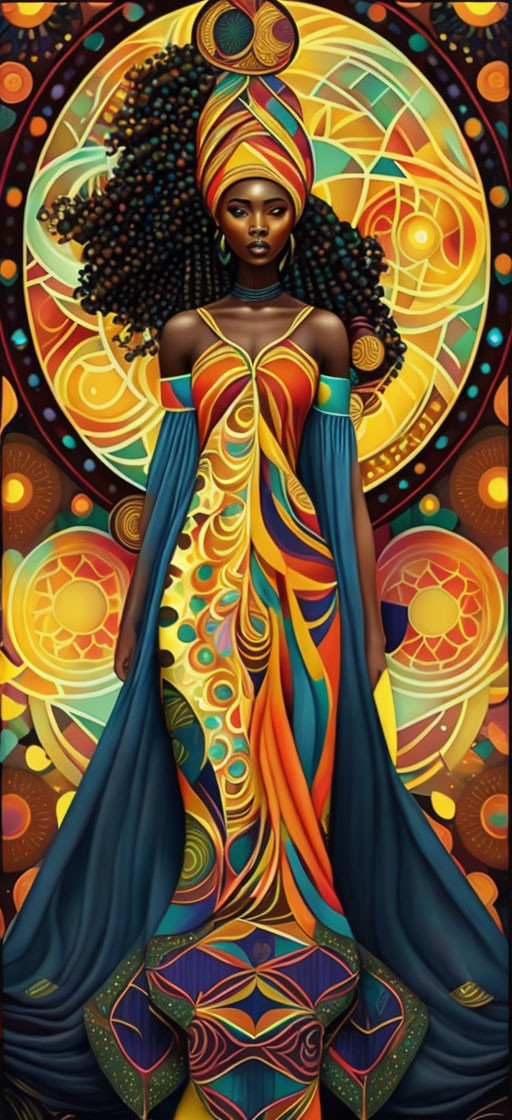 Colorful African woman in flowing dress and headdress amidst intricate patterns