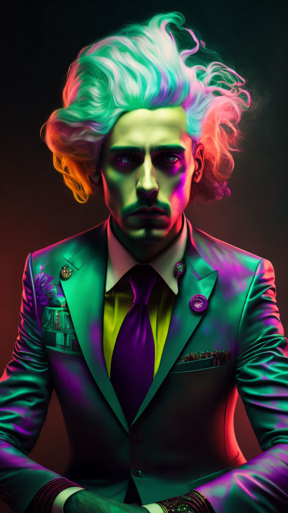 Colorful portrait of a person with exaggerated features and neon lights