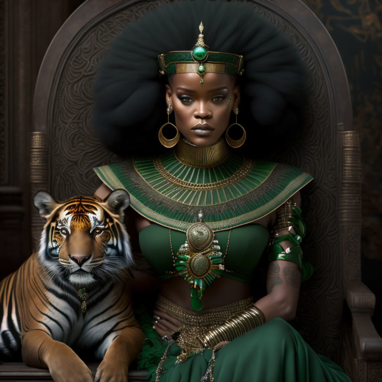 Elaborate headdress and tiger backdrop portray regal woman's power