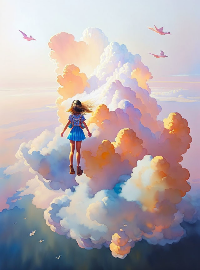 Girl with backpack admiring majestic cloud formation and birds in pastel sky