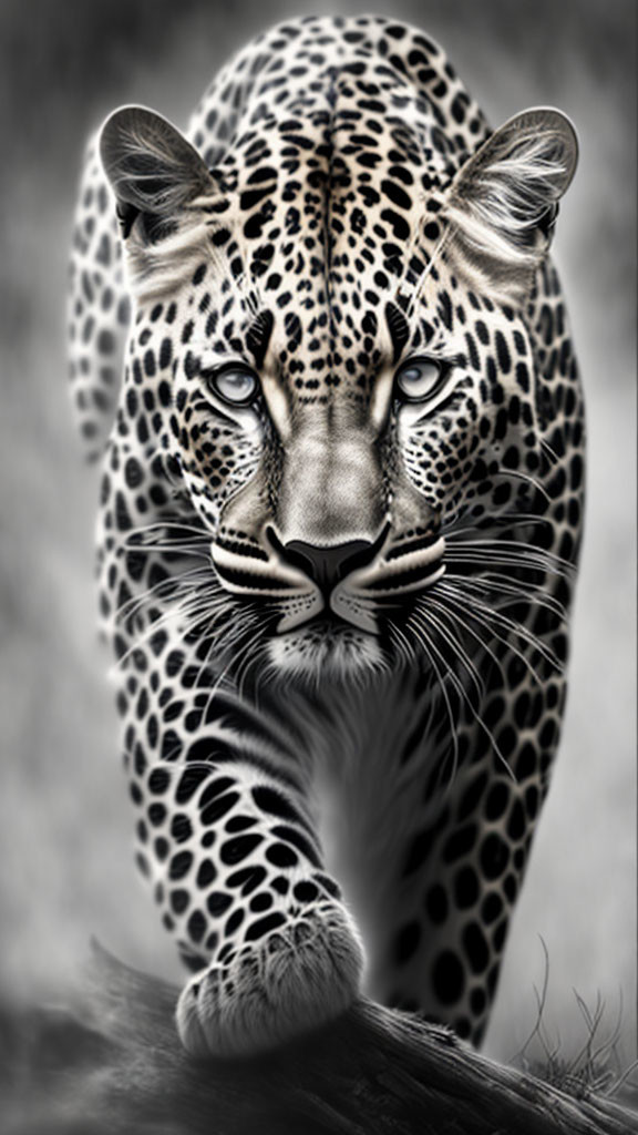 Spotted leopard walking with intense gaze in grayscale image