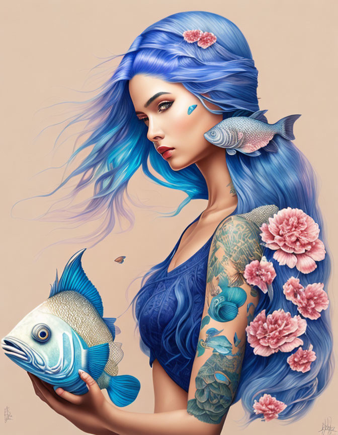 Blue-haired woman with pink flower hair accessories holding stylized fish and floral tattoos on arm against beige background