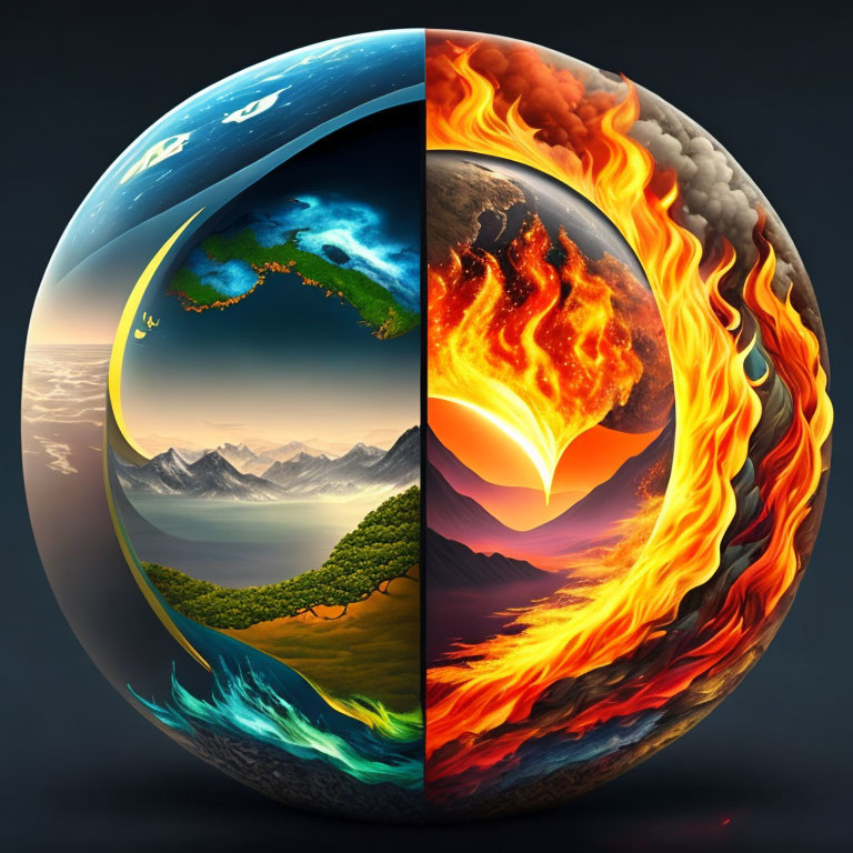 Spherical representation of four elements on dark background