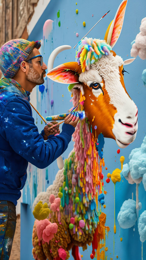 Colorful goat mural painted by artist in paint-splattered clothing