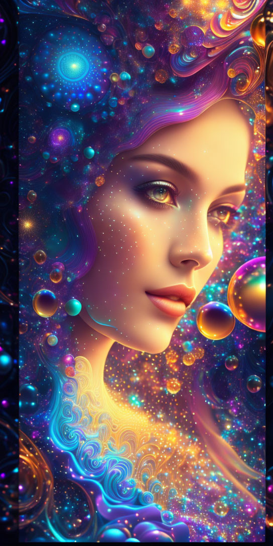 Colorful digital artwork of woman's profile with cosmic and fractal elements