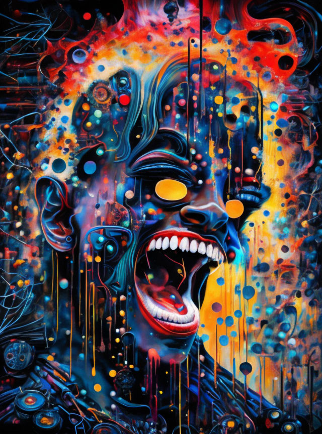 Colorful Abstract Painting with Distorted Face and Swirling Details