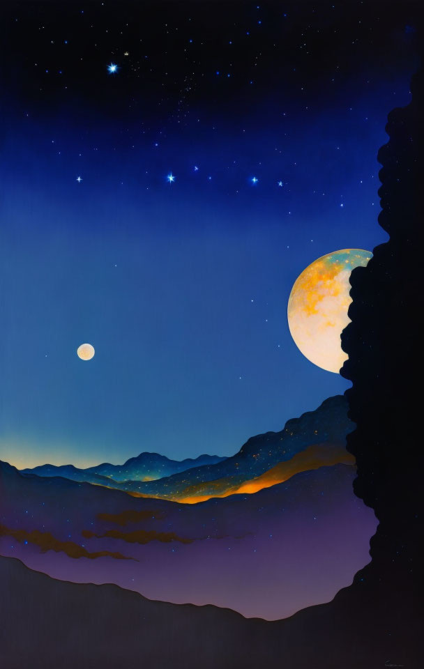 Tranquil nightscape with crescent moon, stars, Venus, and silhouetted mountains