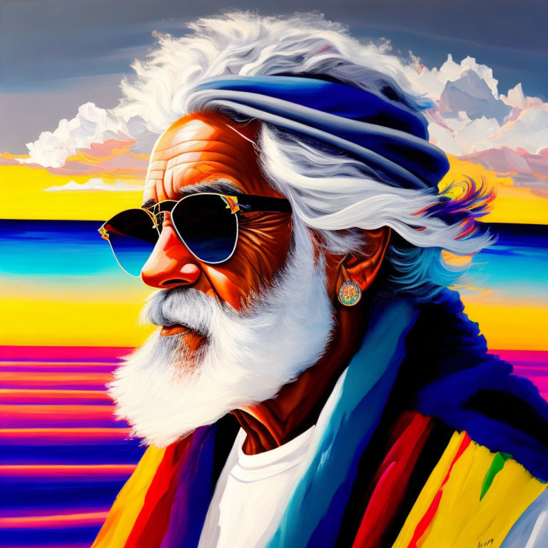 Vibrant portrait: Elderly man in sunglasses with colorful attire on striped sunset backdrop