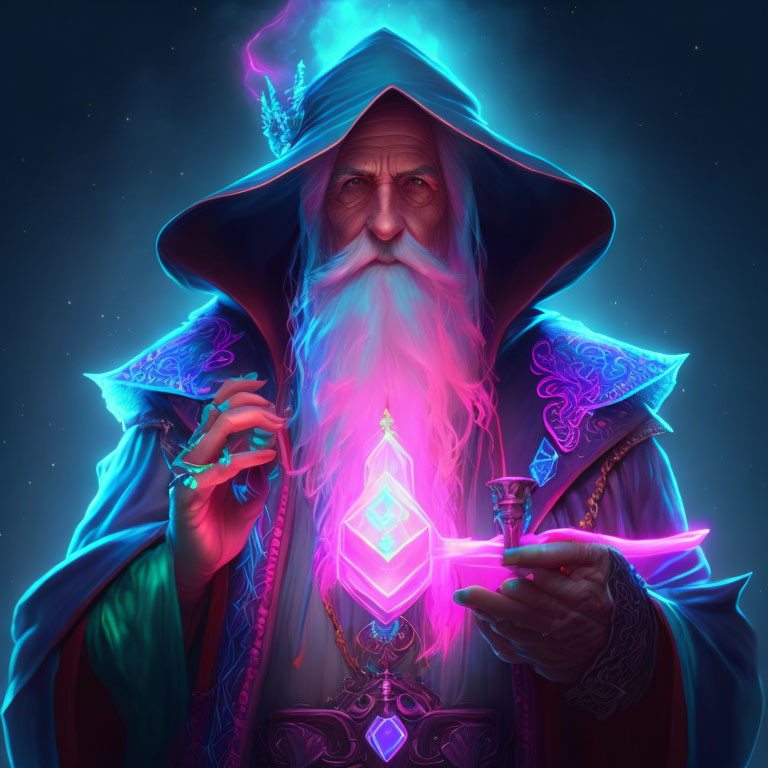 Wizard with glowing purple crystal & staff in magical light.