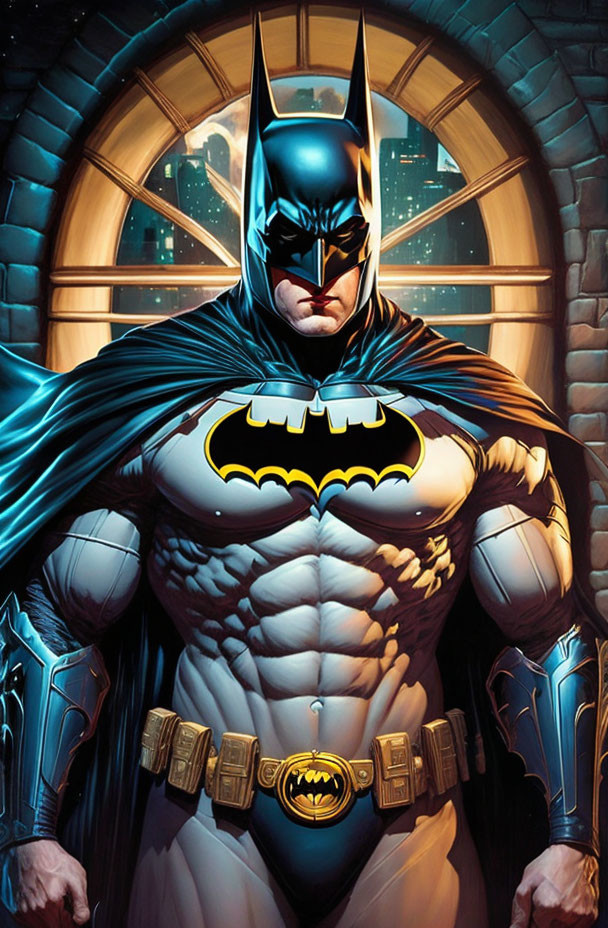 Muscular Batman in black and yellow costume against gothic window.