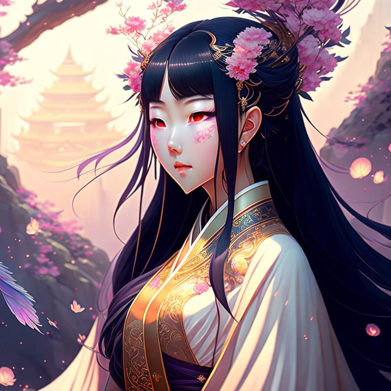 Illustration of female character with black hair and red eyes in traditional attire with pink blossoms and pag