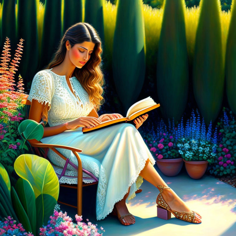 Woman in white dress reading book in lush garden setting