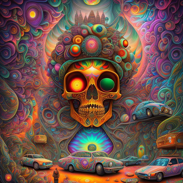 Colorful Psychedelic Skull Art with Intricate Designs and Cars