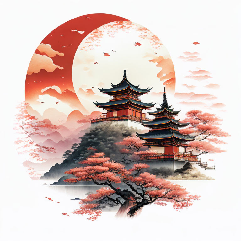 Asian Pagodas Surrounded by Cherry Blossoms and Red Sun