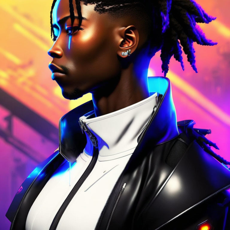 Digital artwork featuring person with stylized dreadlocks in sleek jacket on orange gradient.