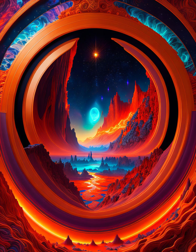 Colorful surreal landscape with concentric circles and moonlit mountains