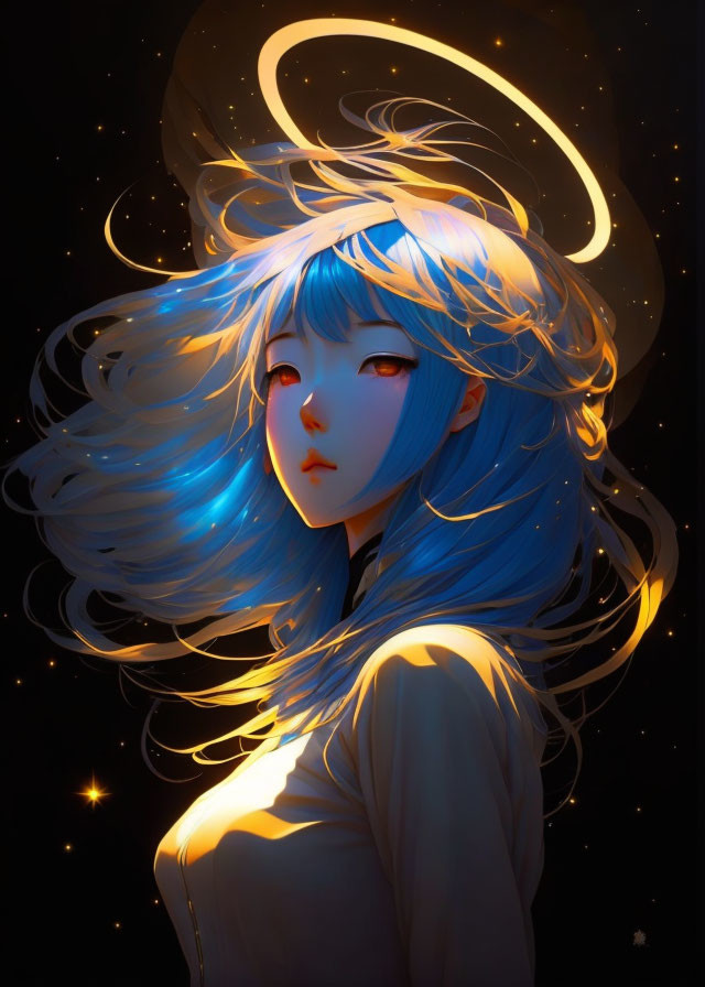 Illustration of female character with blue hair and halo on starry night background