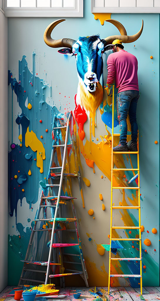 Person painting colorful wall mural of blue bull in paint-splattered room