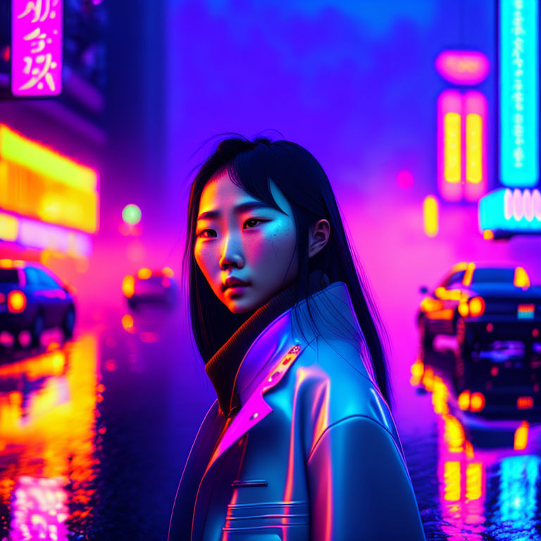 Woman standing on neon-lit city street at night