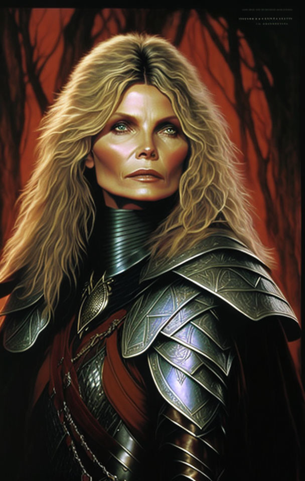 Blonde woman in dark medieval armor against red forest.