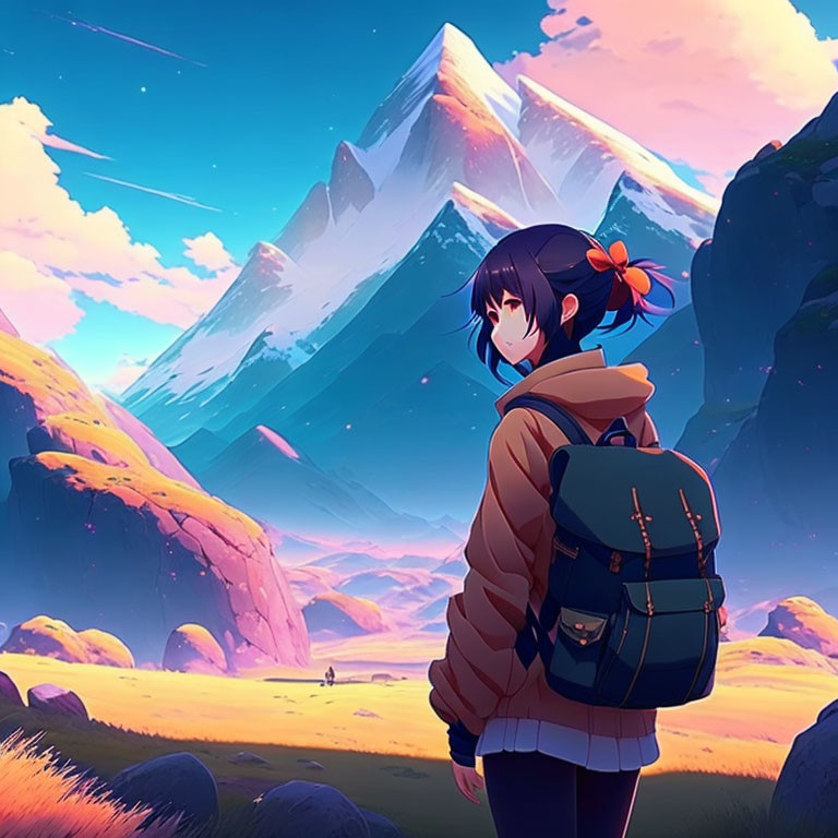 Backpacker admiring majestic mountains in colorful landscape