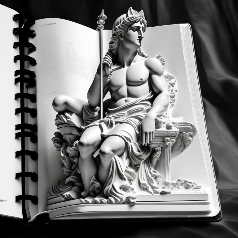 Monochrome 3D illustration of female statue with spear in open book