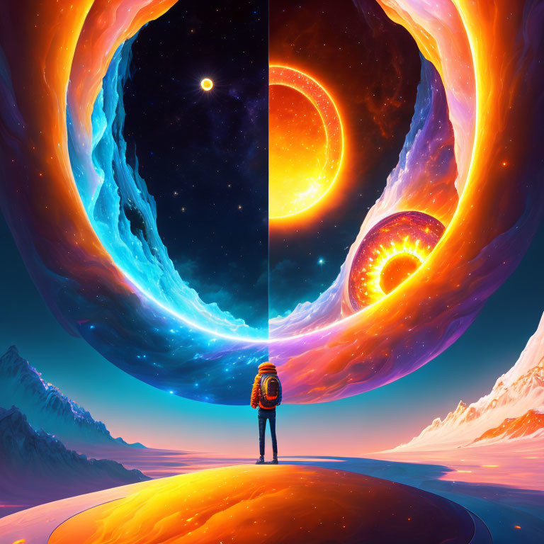 Person standing on surreal landscape with contrasting celestial realms meeting