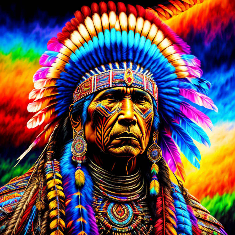 Colorful portrait of person in Native American headdress on psychedelic backdrop