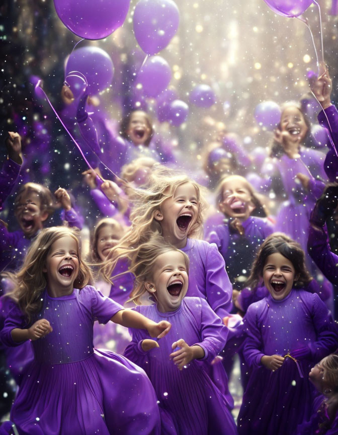 Joyful children in purple dresses with balloons and sparklers in golden speckled background.