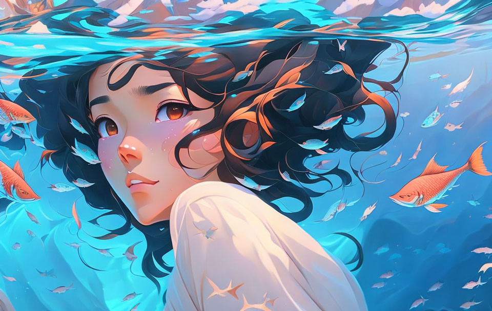 Illustrated black-haired girl underwater with orange fish and sunbeams