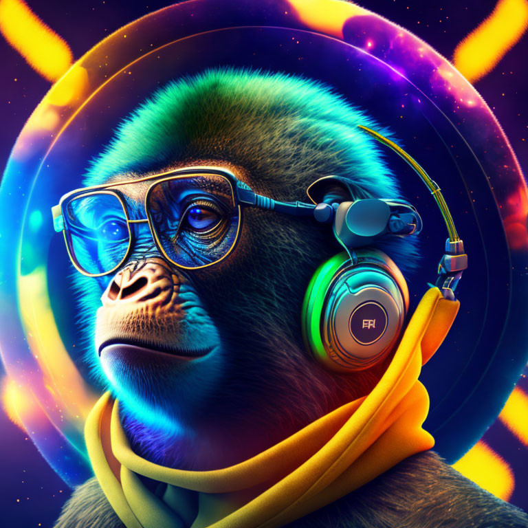 Colorful Gorilla Artwork with Headphones and Glasses in Neon Background