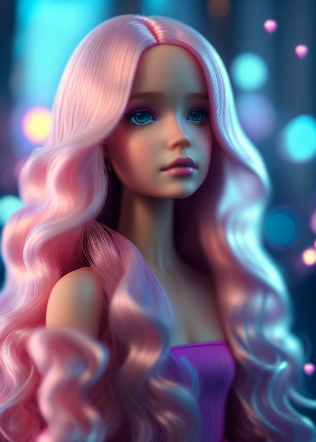 Digital portrait: Woman with long pink hair and blue eyes on vibrant blue and pink backdrop