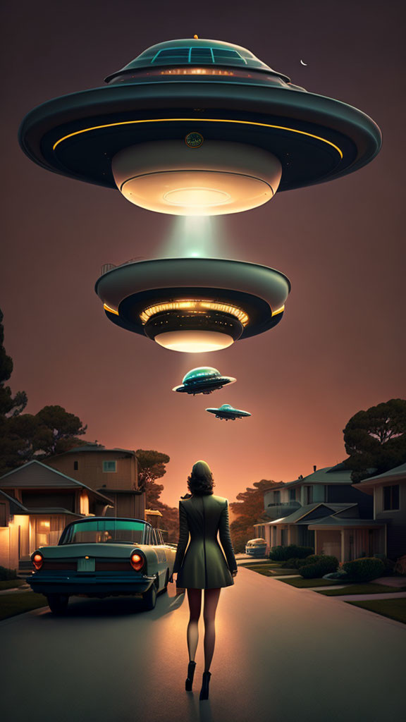 Street scene with UFOs, vintage cars, and suburban houses at twilight