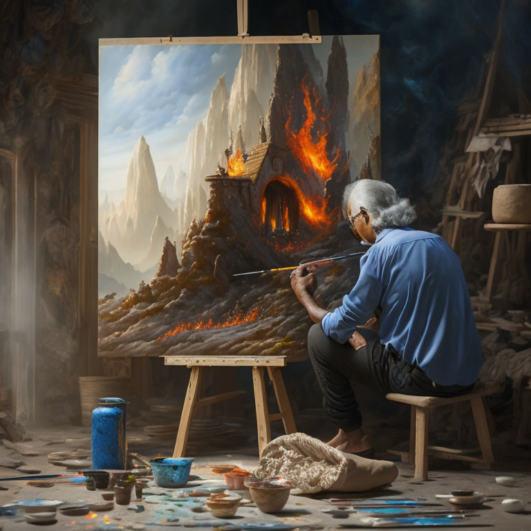 Elderly artist paints fiery mountain scene in cluttered studio