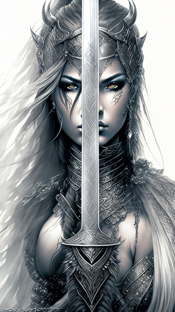 Monochromatic fantasy warrior woman with intricate armor and intense yellow eyes