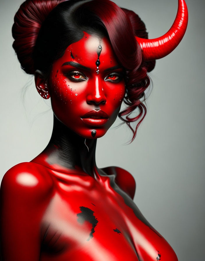 Fantasy style art of woman with red skin, horns, and dramatic makeup on grey background