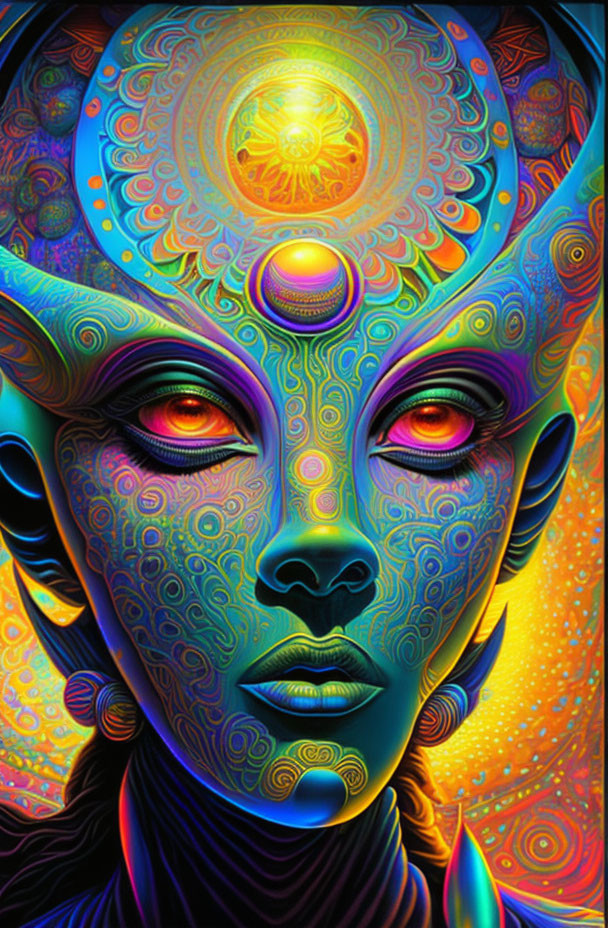 Colorful Alien Artwork with Intricate Patterns and Third Eye