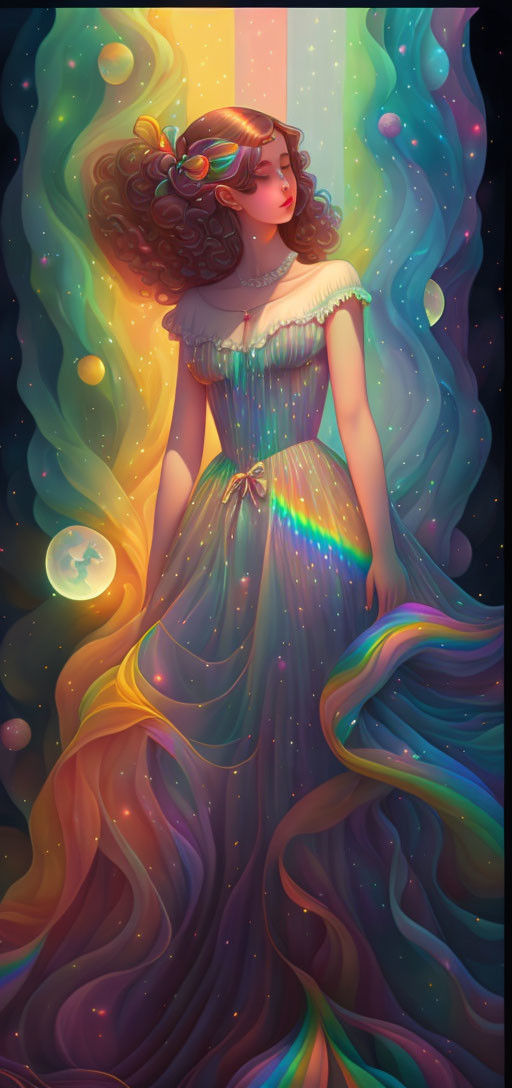 Ethereal woman in cosmic dress among stars and planets