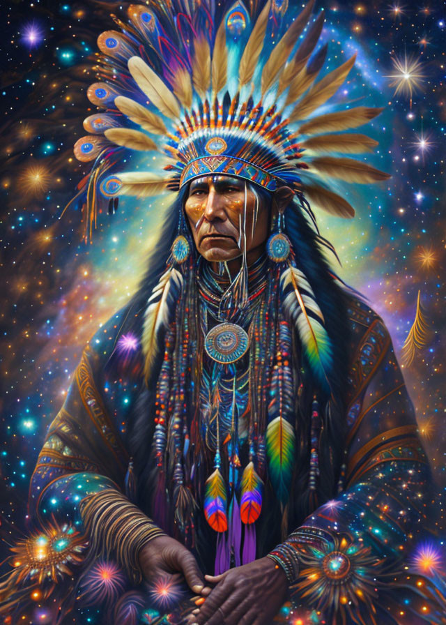 Native American Chief in Feathered Headdress on Starry Background