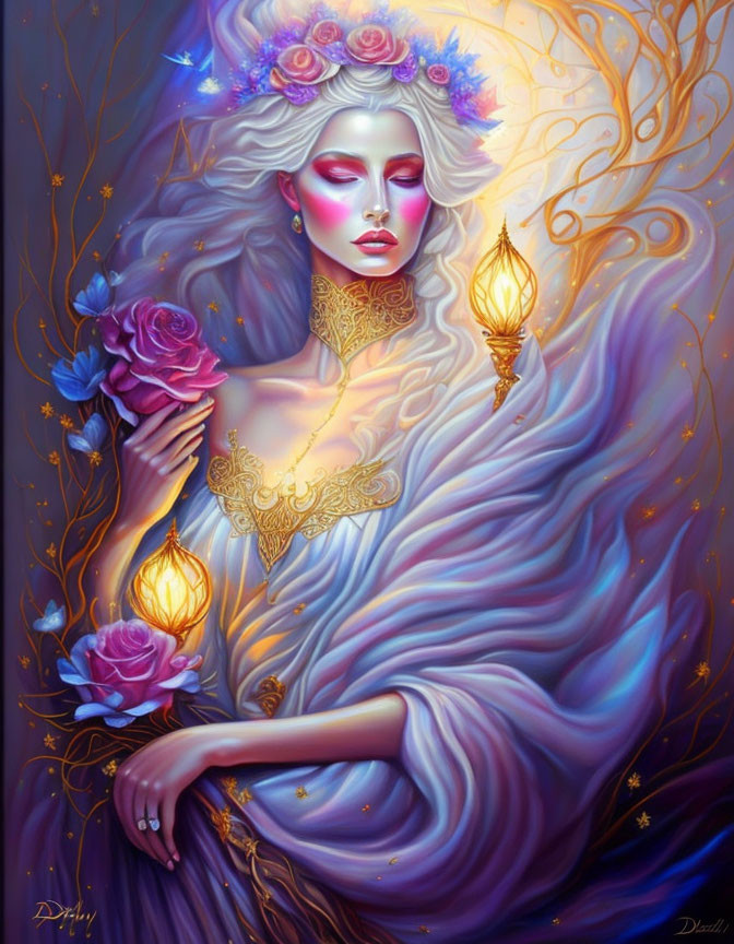 Ethereal woman with closed eyes adorned with flowers and gold jewelry holding a rose and lantern in flowing