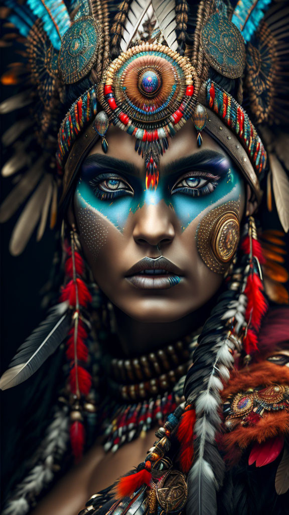 Portrait of a person in feathered headdress and tribal makeup