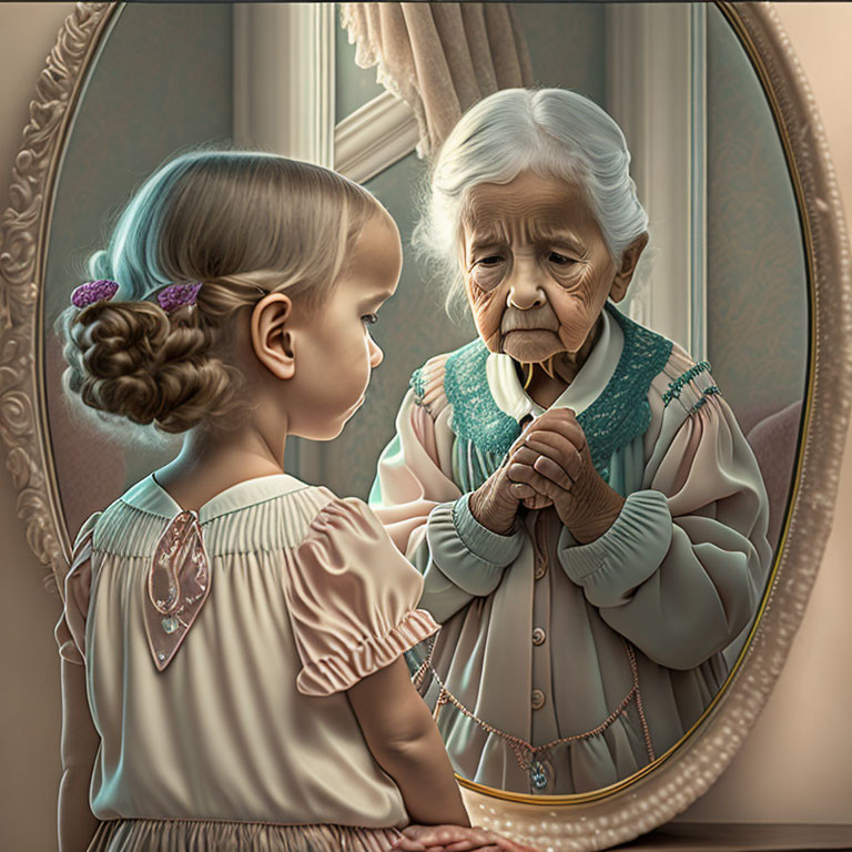 Reflection of a young girl aging into an elderly woman in a mirror