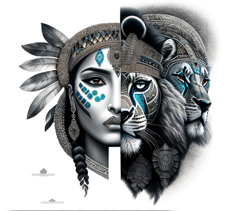 Monochrome artwork: Woman and lion with merged faces, tribal patterns, blue accents