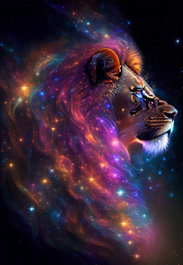 Colorful lion's head merging into cosmic space with nebula effect