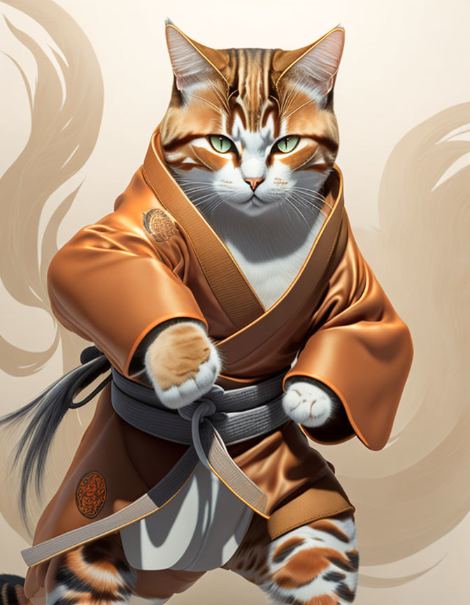 Digital artwork: Cat in martial arts gi with black belt & Asian emblem