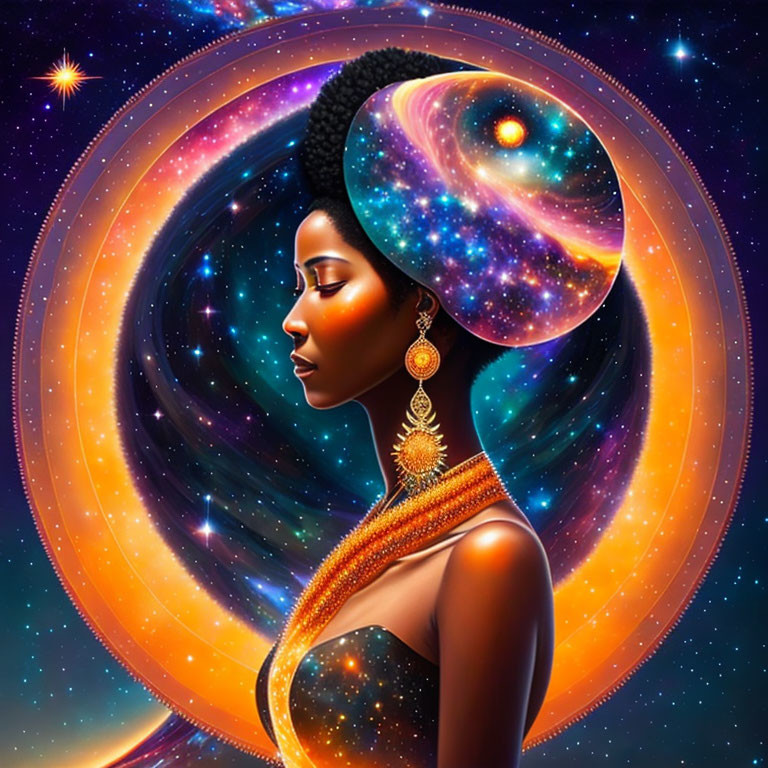 Cosmic-themed digital art portrait of a woman with galaxy headdress