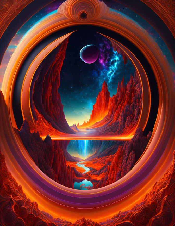 Surreal Landscape with Swirling Rock Formations and Celestial Scene