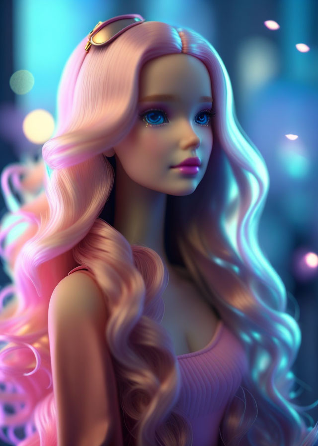 3D rendered doll with long pink hair and blue eyes in pink top