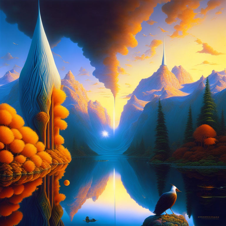 Surreal landscape with reflective lake, mountains, and eagle