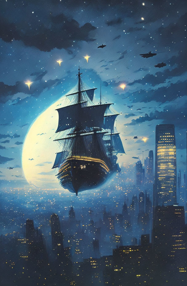 Sailing ship flying over city skyline under full moon